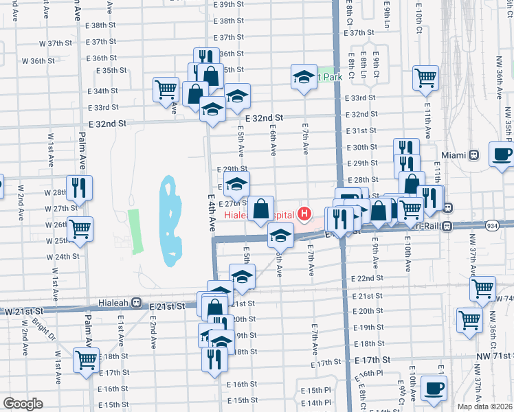 map of restaurants, bars, coffee shops, grocery stores, and more near 560 East 27th Street in Hialeah