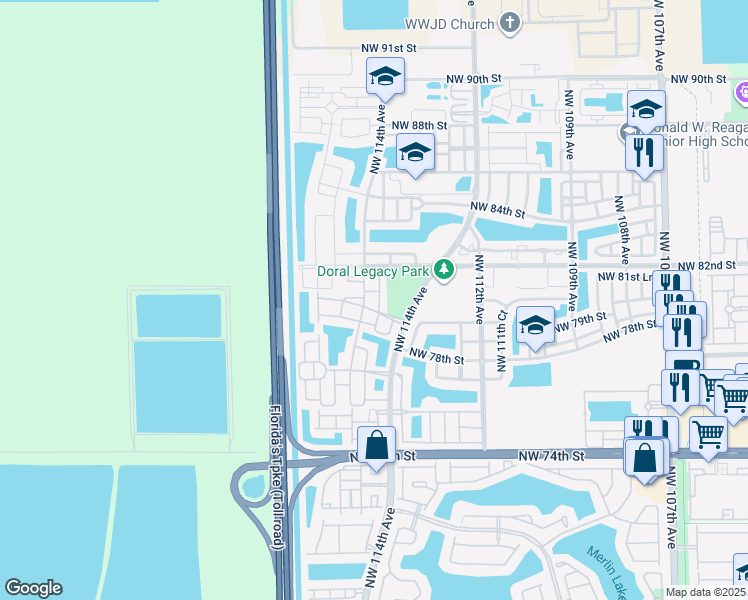 map of restaurants, bars, coffee shops, grocery stores, and more near 8023 Northwest 114th Place in Doral