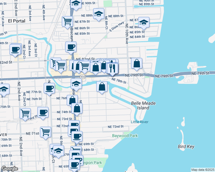 map of restaurants, bars, coffee shops, grocery stores, and more near 7735 Northeast 8th Avenue in Miami