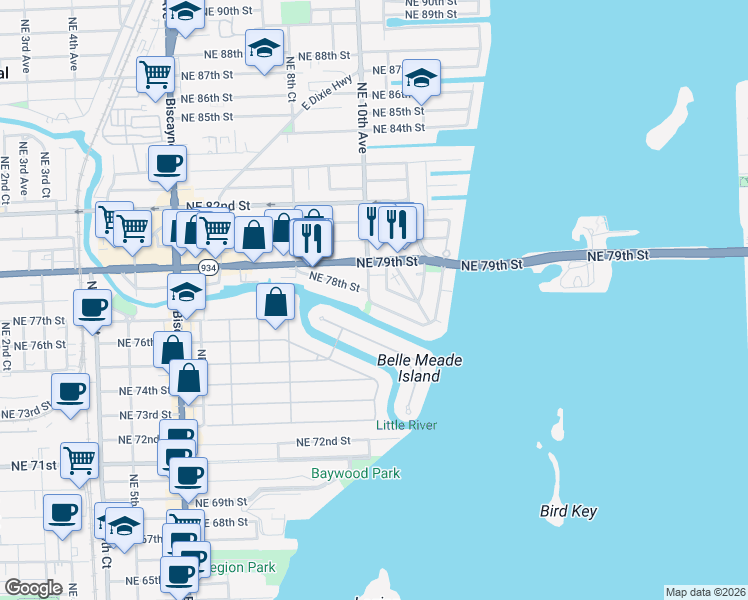 map of restaurants, bars, coffee shops, grocery stores, and more near 994 Northeast 78th Street in Miami