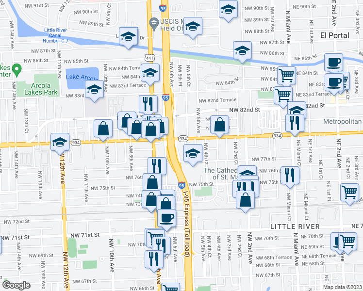 map of restaurants, bars, coffee shops, grocery stores, and more near 7824 Northwest 5th Court in Miami