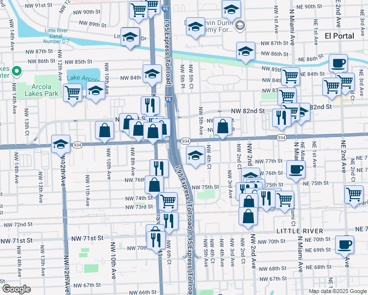 map of restaurants, bars, coffee shops, grocery stores, and more near 7824 Northwest 5th Court in Miami