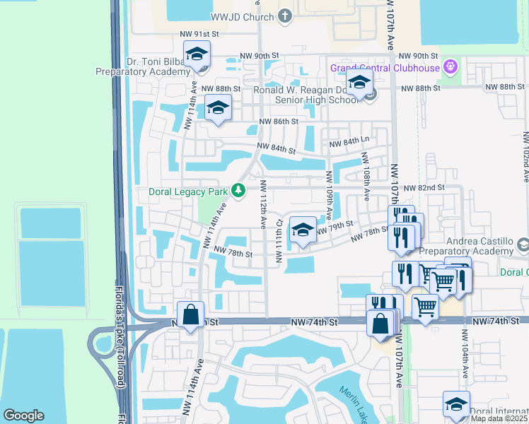 map of restaurants, bars, coffee shops, grocery stores, and more near 11543 Northwest 80th Lane in Doral