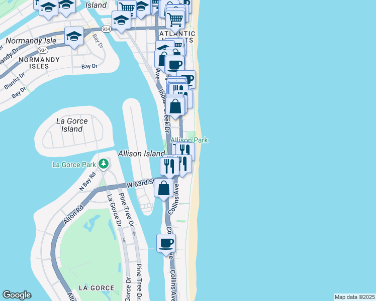 map of restaurants, bars, coffee shops, grocery stores, and more near 6423 Collins Avenue in Miami Beach