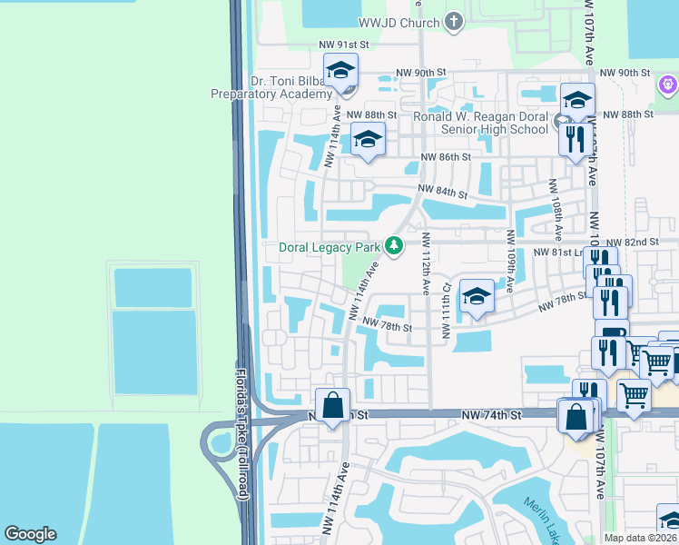 map of restaurants, bars, coffee shops, grocery stores, and more near 8041 Northwest 114th Place in Medley