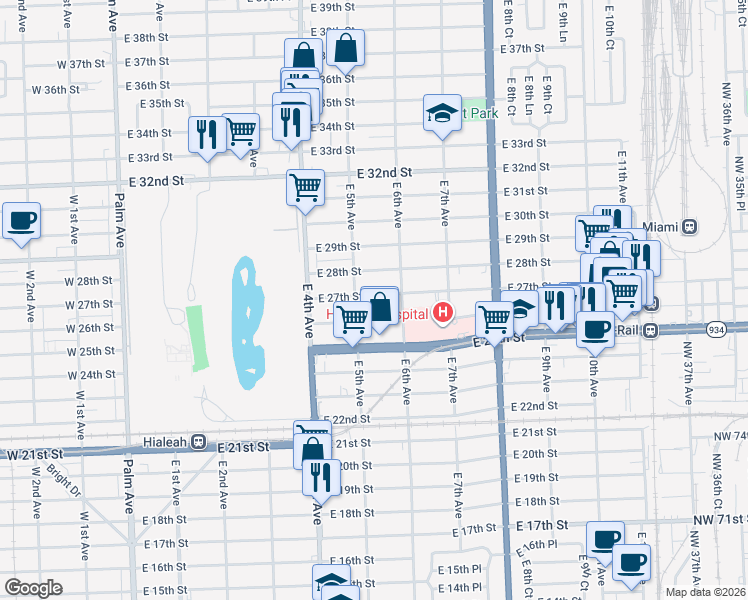 map of restaurants, bars, coffee shops, grocery stores, and more near 560 East 27th Street in Hialeah