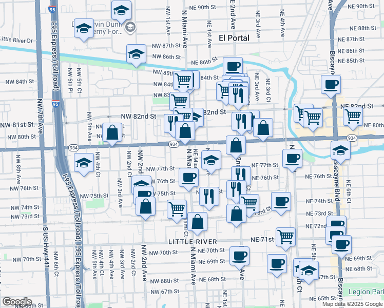 map of restaurants, bars, coffee shops, grocery stores, and more near 60 Northeast 78th Street in Miami