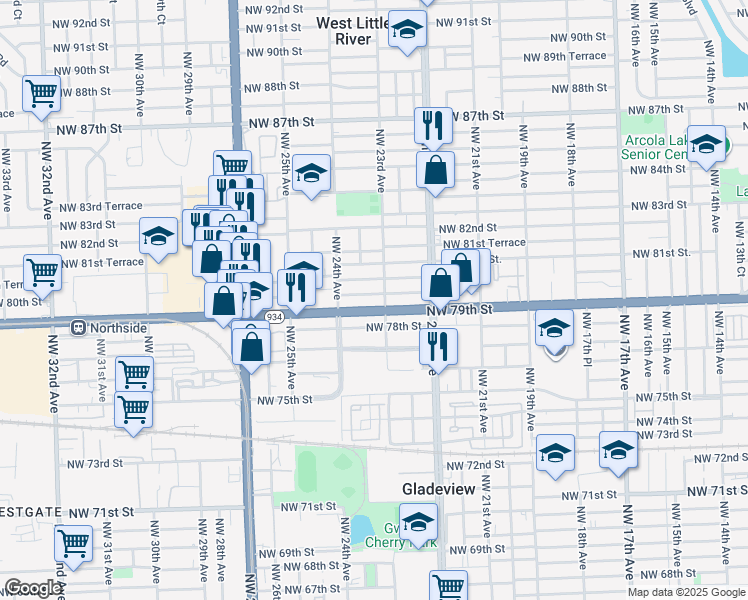 map of restaurants, bars, coffee shops, grocery stores, and more near 2315 Northwest 79th Street in Miami