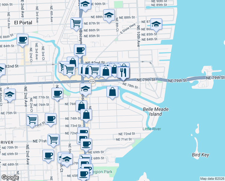 map of restaurants, bars, coffee shops, grocery stores, and more near 757 Northeast 77th Terrace in Miami