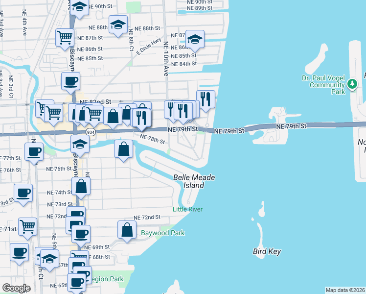 map of restaurants, bars, coffee shops, grocery stores, and more near 1032 Northeast 78th Road in Miami