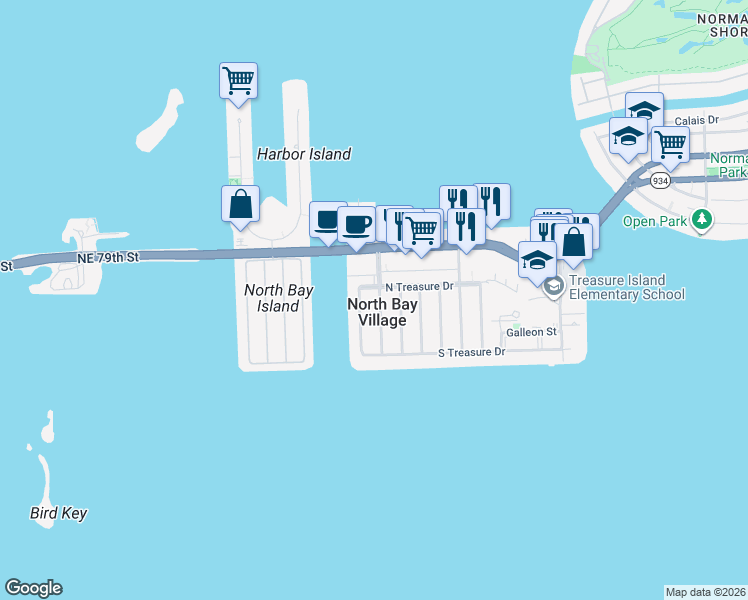 map of restaurants, bars, coffee shops, grocery stores, and more near in North Bay Village