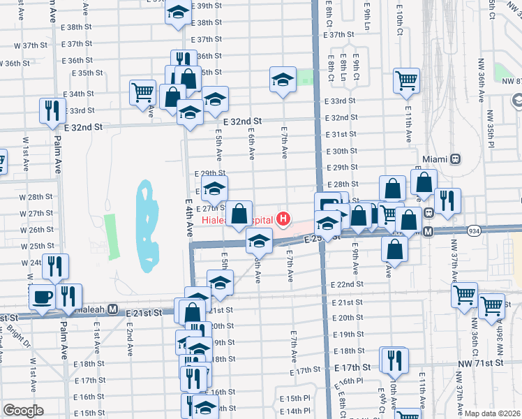 map of restaurants, bars, coffee shops, grocery stores, and more near 640 East 27th Street in Hialeah