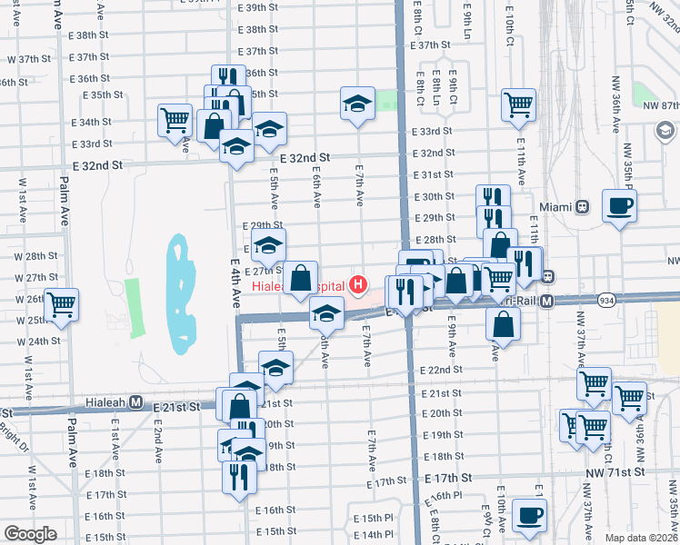 map of restaurants, bars, coffee shops, grocery stores, and more near 640 East 27th Street in Hialeah