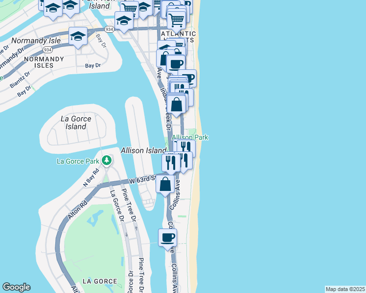 map of restaurants, bars, coffee shops, grocery stores, and more near 6423 Collins Avenue in Miami Beach