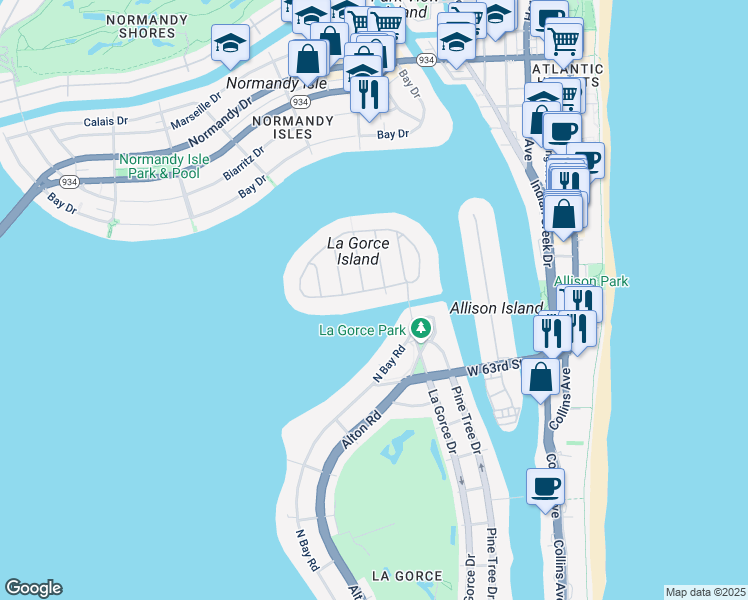 map of restaurants, bars, coffee shops, grocery stores, and more near 6 Lagorce Circle in Miami Beach