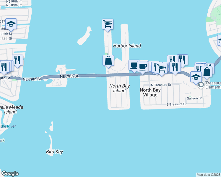 map of restaurants, bars, coffee shops, grocery stores, and more near 7620 Miami View Drive in North Bay Village