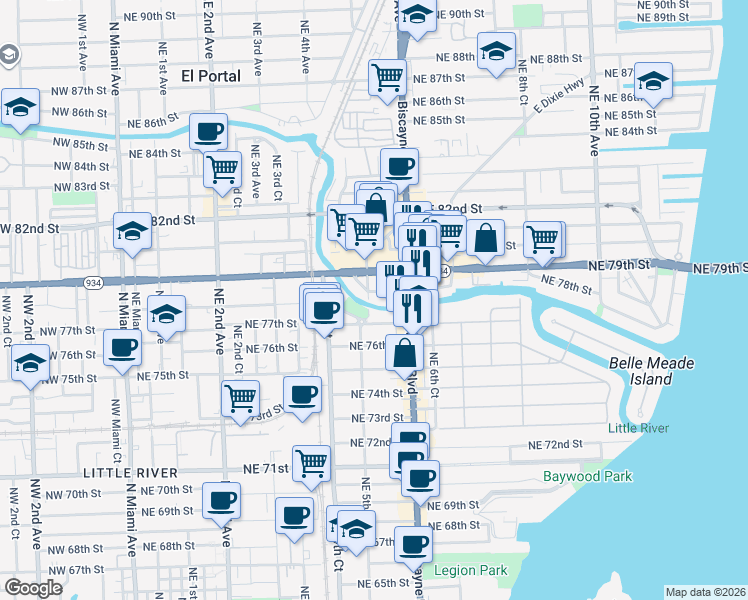 map of restaurants, bars, coffee shops, grocery stores, and more near 544 Northeast 78th Street in Miami