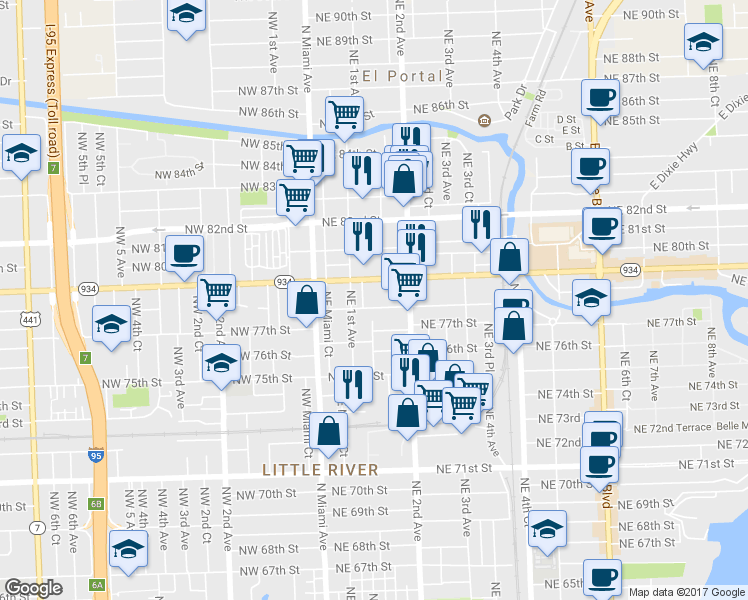 map of restaurants, bars, coffee shops, grocery stores, and more near 155 Northeast 78th Street in Miami