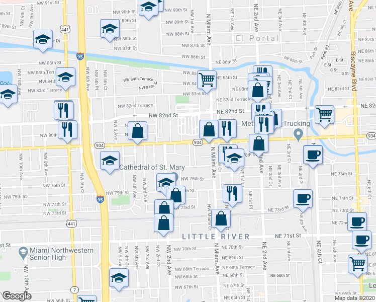 map of restaurants, bars, coffee shops, grocery stores, and more near 7800 Northwest 1st Avenue in Miami