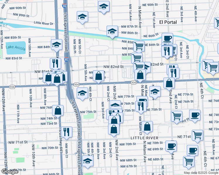 map of restaurants, bars, coffee shops, grocery stores, and more near 7748 Northwest 2nd Court in Miami