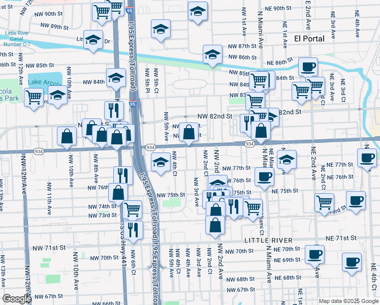 map of restaurants, bars, coffee shops, grocery stores, and more near 7801 Northwest 4th Avenue in Miami