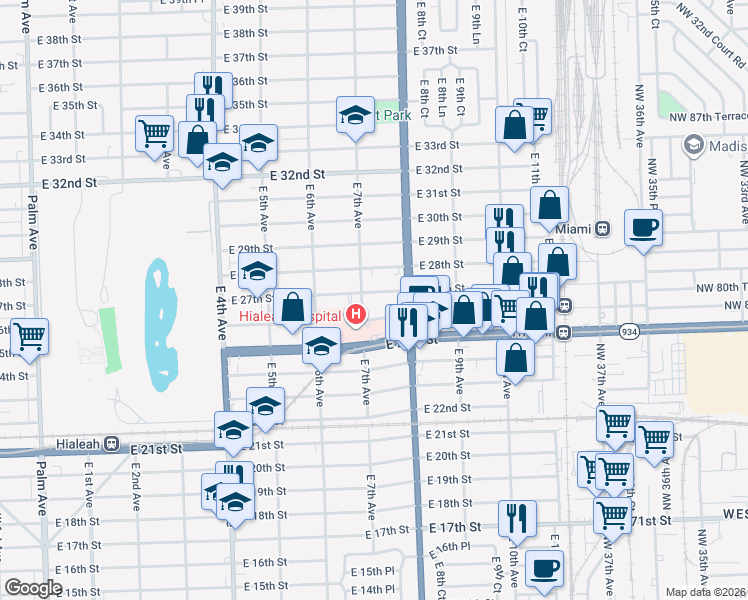 map of restaurants, bars, coffee shops, grocery stores, and more near 2601 East 7th Avenue in Hialeah