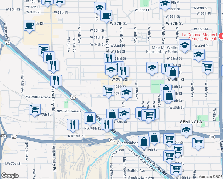 map of restaurants, bars, coffee shops, grocery stores, and more near 1165 West 27th Street in Hialeah