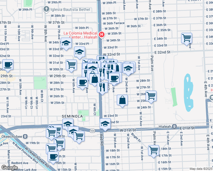 map of restaurants, bars, coffee shops, grocery stores, and more near 2750 West 3rd Court in Hialeah