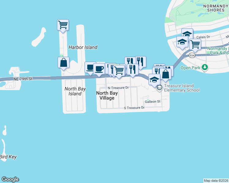 map of restaurants, bars, coffee shops, grocery stores, and more near 7544 Buccaneer Avenue in North Bay Village