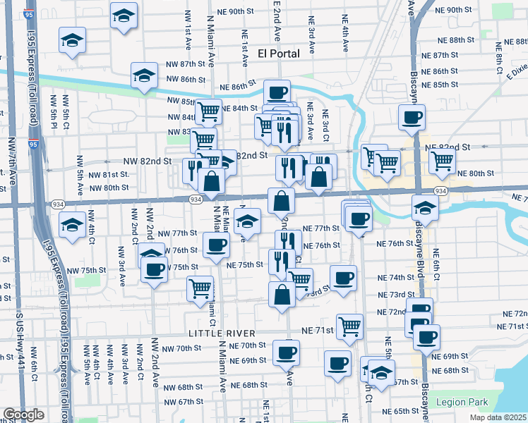 map of restaurants, bars, coffee shops, grocery stores, and more near 145 Northeast 78th Street in Miami