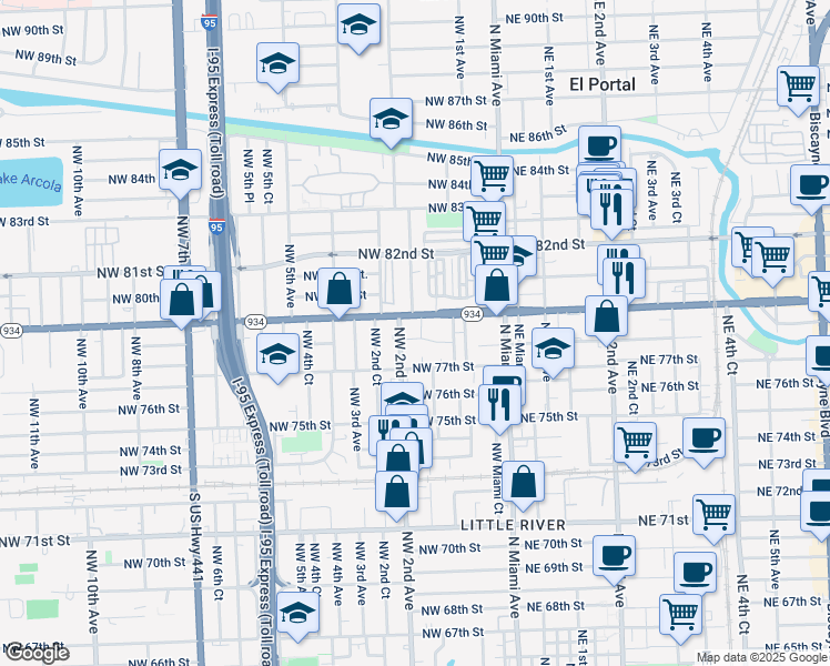 map of restaurants, bars, coffee shops, grocery stores, and more near 165 Northwest 78th Street in Miami