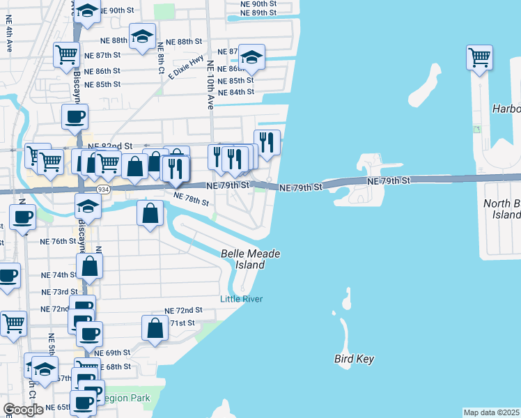 map of restaurants, bars, coffee shops, grocery stores, and more near 7800 Northeast Bayshore Court in Miami