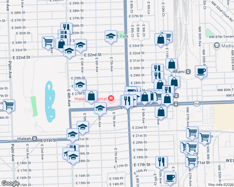 map of restaurants, bars, coffee shops, grocery stores, and more near 2601 East 7th Avenue in Hialeah