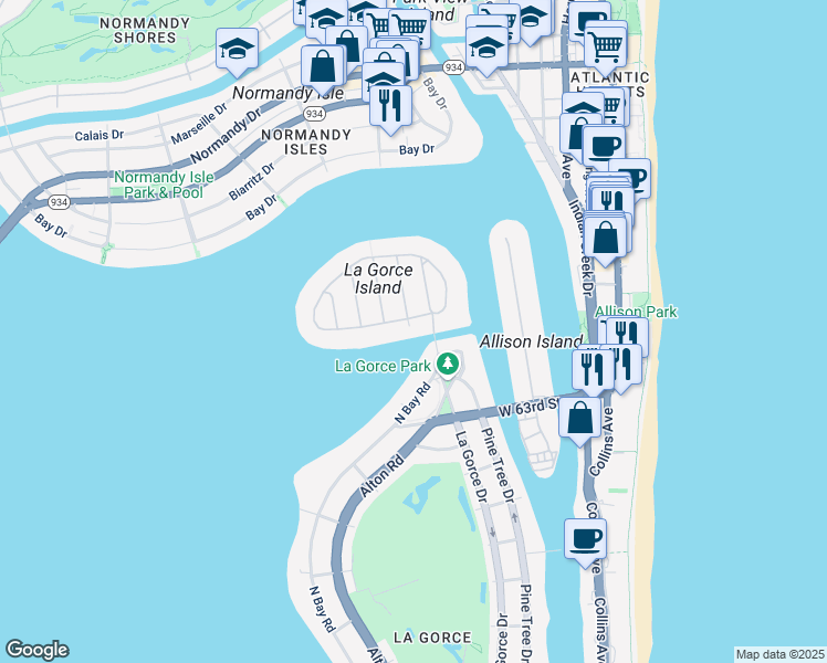 map of restaurants, bars, coffee shops, grocery stores, and more near 6 Lagorce Circle in Miami Beach