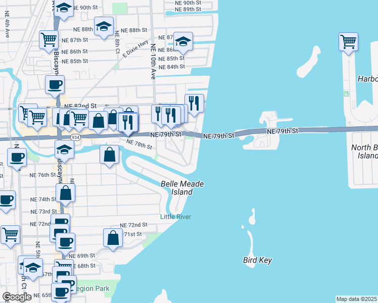 map of restaurants, bars, coffee shops, grocery stores, and more near 7800 Northeast Bayshore Court in Miami