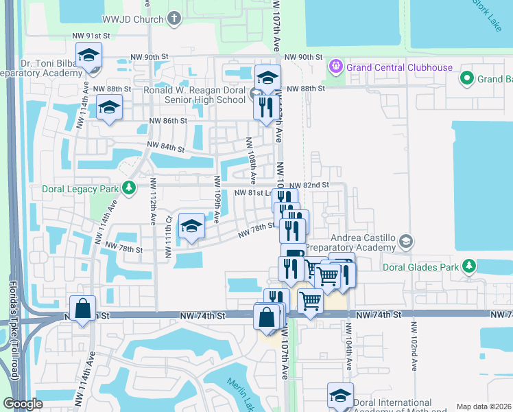 map of restaurants, bars, coffee shops, grocery stores, and more near 10750 Northwest 80th Lane in Miami
