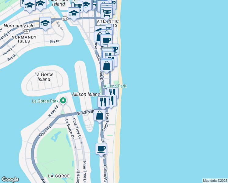 map of restaurants, bars, coffee shops, grocery stores, and more near 6423 Collins Avenue in Miami Beach