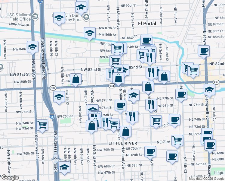 map of restaurants, bars, coffee shops, grocery stores, and more near 25 Northwest 78th Street in Miami