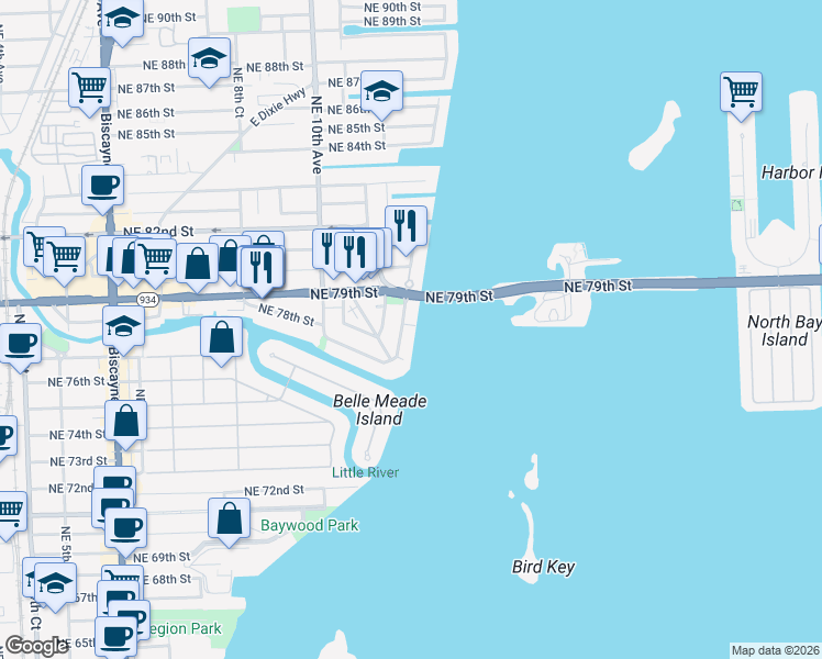 map of restaurants, bars, coffee shops, grocery stores, and more near 7825 Northeast Bayshore Court in Miami