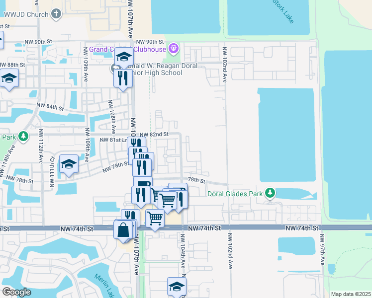 map of restaurants, bars, coffee shops, grocery stores, and more near 8195 Northwest 104th Avenue in Doral