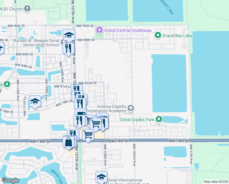 map of restaurants, bars, coffee shops, grocery stores, and more near 8195 Northwest 104th Avenue in Doral