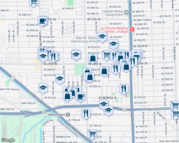 map of restaurants, bars, coffee shops, grocery stores, and more near 771 West 27th Street in Hialeah