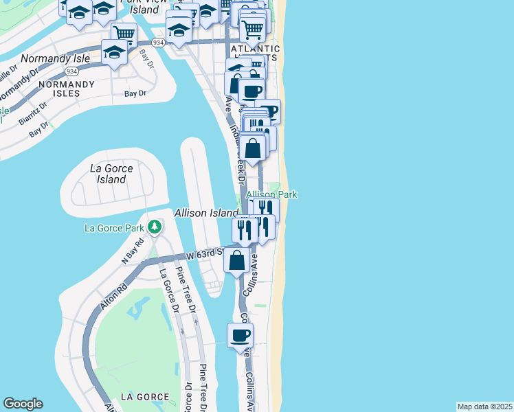 map of restaurants, bars, coffee shops, grocery stores, and more near 6422 Collins Avenue in Miami Beach