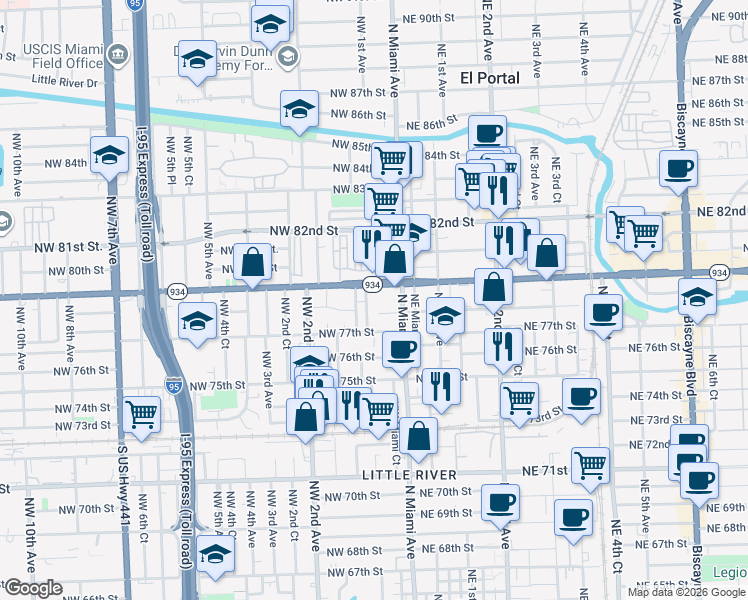 map of restaurants, bars, coffee shops, grocery stores, and more near 25 Northwest 78th Street in Miami