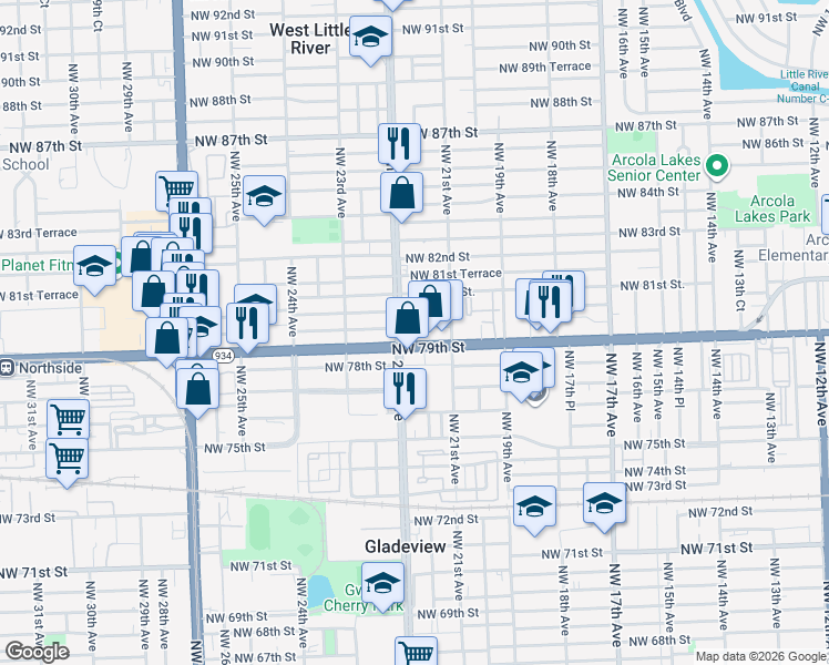 map of restaurants, bars, coffee shops, grocery stores, and more near 7951 Northwest 22nd Avenue in Miami