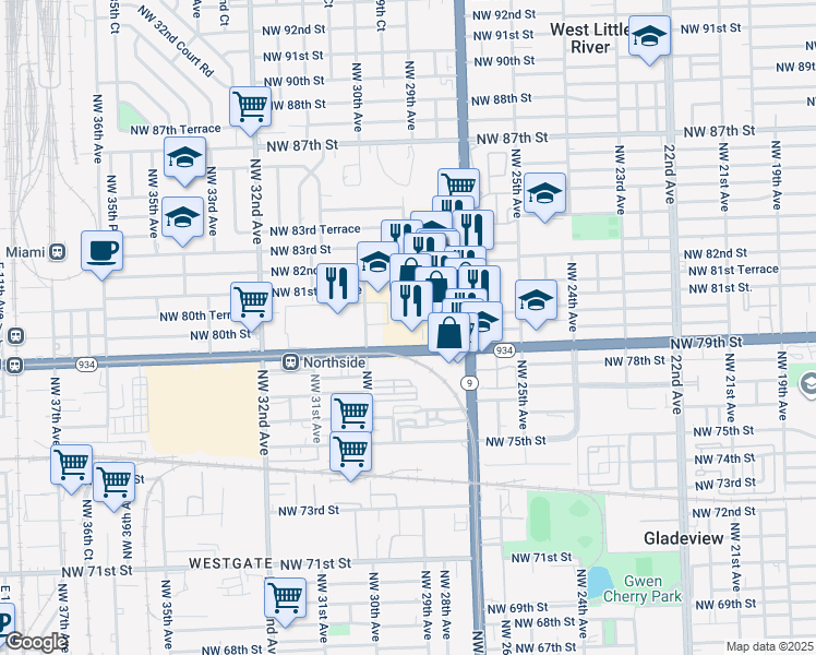 map of restaurants, bars, coffee shops, grocery stores, and more near 2957 Northwest 79th Street in Miami