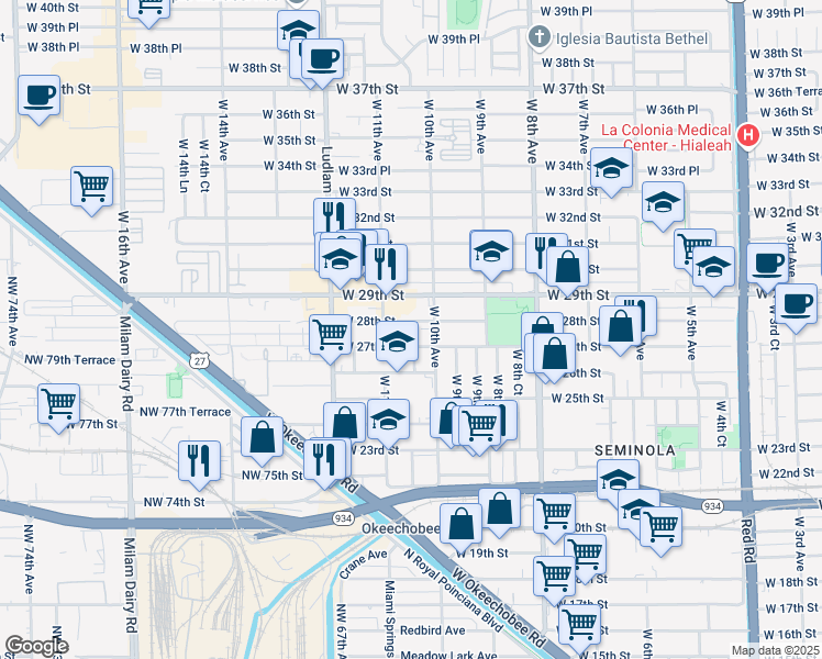 map of restaurants, bars, coffee shops, grocery stores, and more near 2712 West 10th Avenue in Hialeah