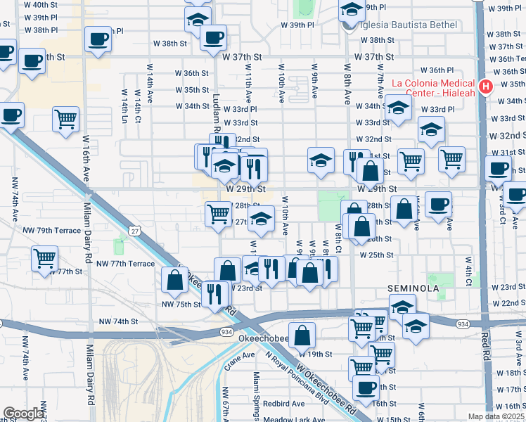 map of restaurants, bars, coffee shops, grocery stores, and more near 1085 West 27th Street in Hialeah