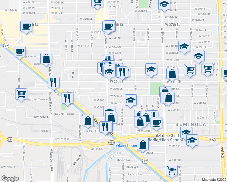 map of restaurants, bars, coffee shops, grocery stores, and more near 1165 West 27th Street in Hialeah