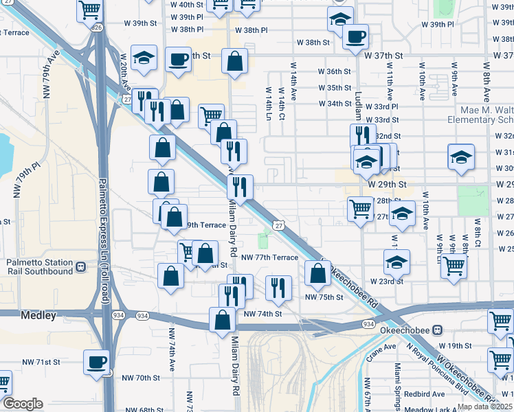 map of restaurants, bars, coffee shops, grocery stores, and more near 7911 Northwest 72nd Avenue in Medley